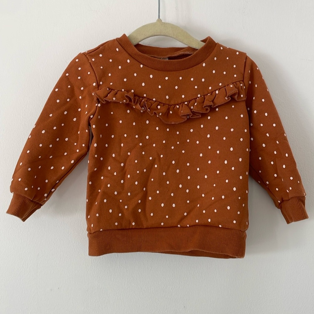 PL baby rust color frill front polka dot fleece sweatshirt size 18 months